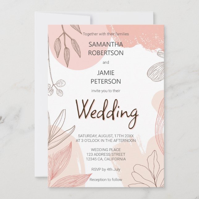 Champagne Blush Pink - Hand Drawn Floral Wedding Invitation (Front)