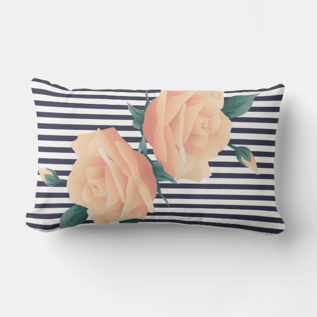 Champagne Blush Roses and Modern White Stripes Lumbar Cushion (Front)