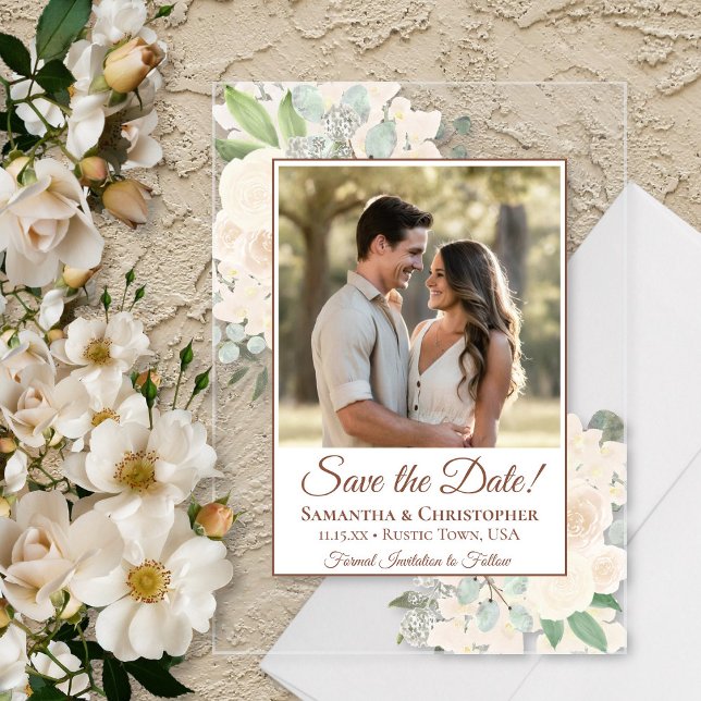Champagne Blush Roses Wedding Save the Date Photo Acrylic Invitations (Clear Acrylic with Rectangle Cut)