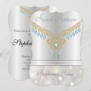 Champagne Bokeh Aquamarine Sweet Sixteen Invitation