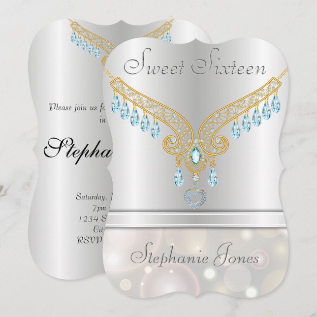 Champagne Bokeh Aquamarine Sweet Sixteen Invitation (Front/Back)