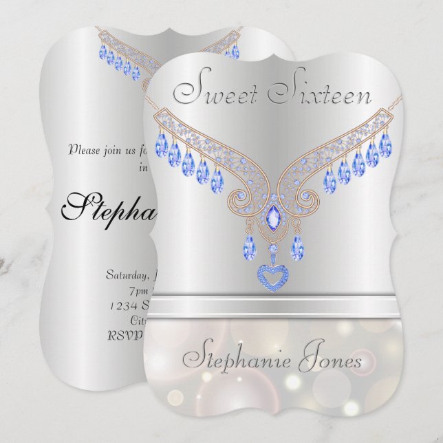 Champagne Bokeh Blue Topaz  Sweet Sixteen Invitation (Front/Back)