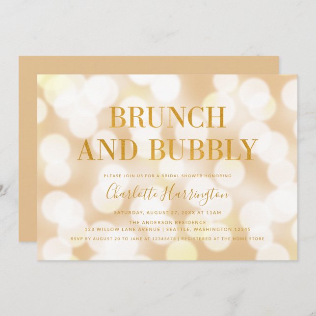 Champagne Bokeh Brunch and Bubbly Bridal Shower Invitation (Front/Back)