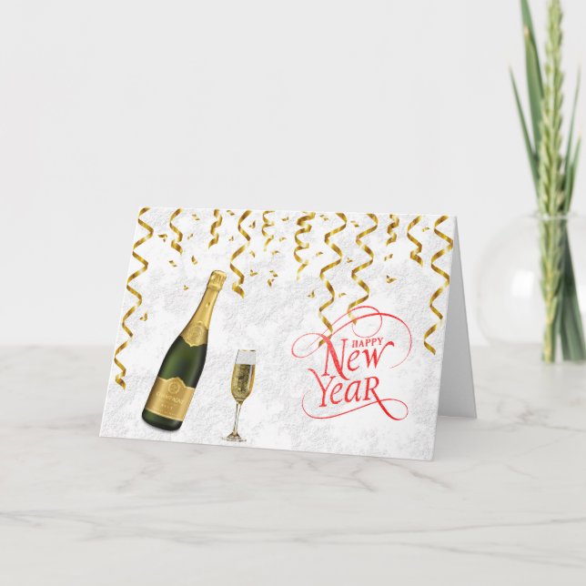 Champagne Bottle Glass Confetti New Year Holiday Card (Front)