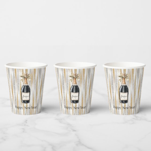 Champagne Bottle Happy New Year Silver Gold Paper Cups (Multi)