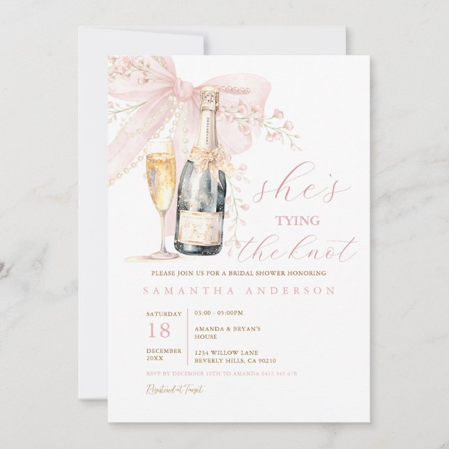 Champagne Bottle & Pink Bow She’s Tying the Knot  Invitation (Front)
