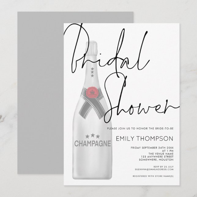 Champagne Bottle Stylish Script Bridal Shower Invitation (Front/Back)