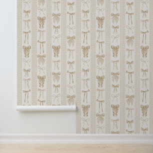 Champagne Bows with Vertical Lace Stripes Wallpaper