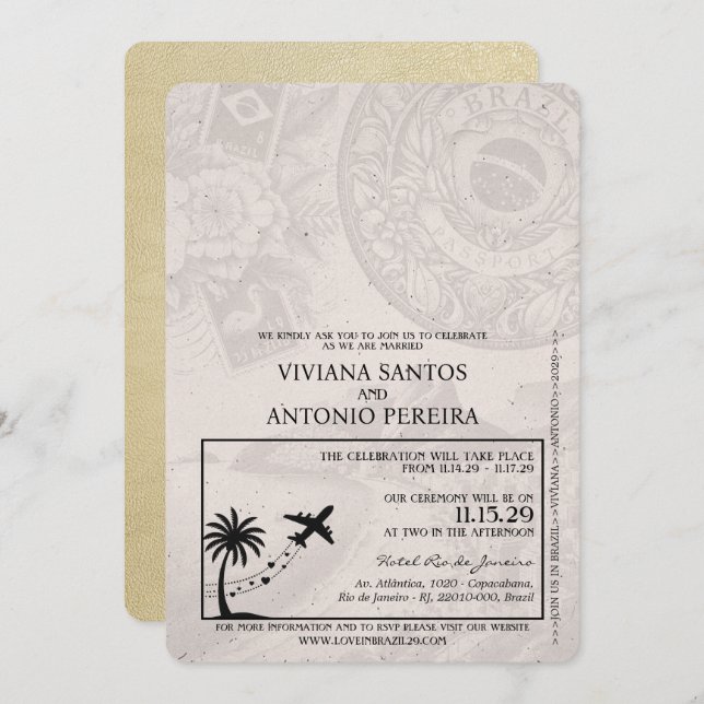 Champagne Brazil Passport Wedding Invitation (Front/Back)