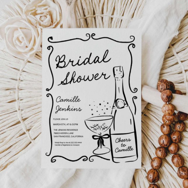 Champagne Bridal Shower Hand Drawn Invitation (Champagne Bridal Shower Hand Drawn Black and White Invitation)