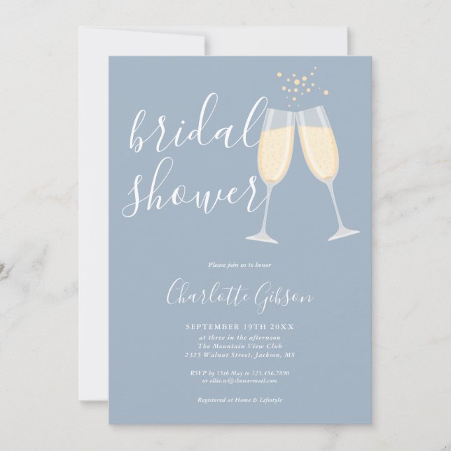 Champagne Bridal Shower QR Code Dusty Blue Invitation (Front)