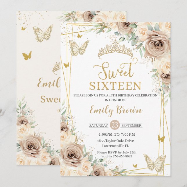 Champagne Brown Floral Butterflies Sweet Sixteen Invitation (Front/Back)