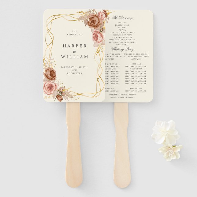 champagne brown roses blush pink wedding program hand fan (Front and Back)