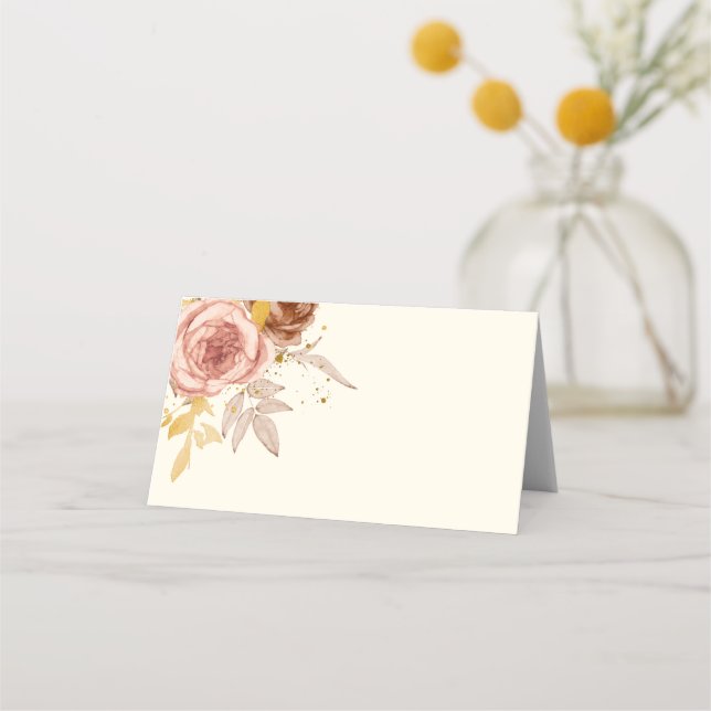 champagne brown roses light pink wedding  place card (Front)