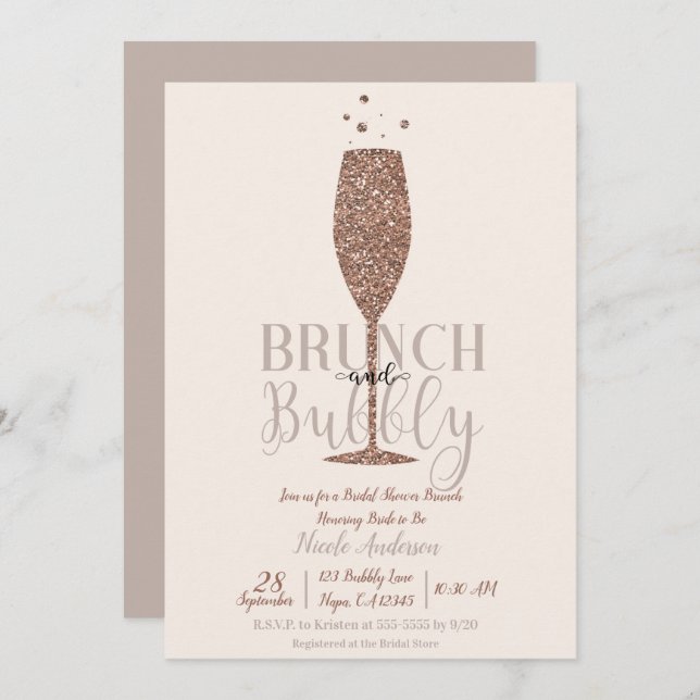 Champagne Brunch Bubbly Bridal Shower Brunch Invitation (Front/Back)