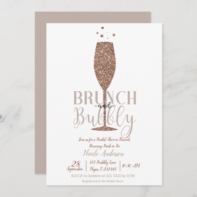 Champagne Brunch Bubbly Bridal Shower Brunch Invitation (Front/Back)