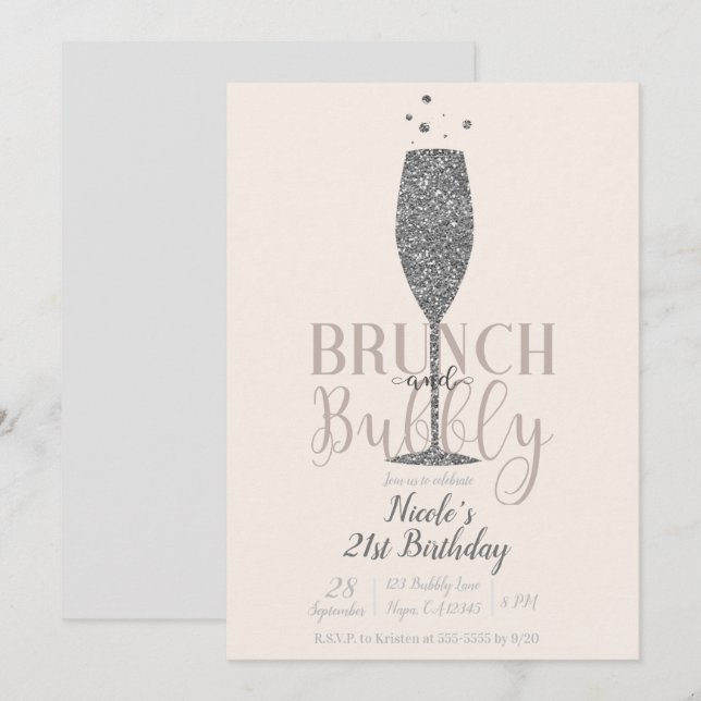 Champagne Brunch & Bubbly Silver Glitter Birthday Invitation (Front/Back)
