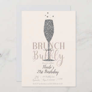Champagne Brunch & Bubbly Silver Glitter Birthday Invitation