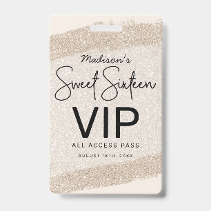 Champagne Brush Glitter Sweet 16 Invitation VIP ID Badge
