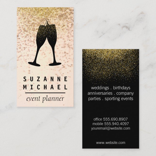 Champagne Bubbles | Glasses | Gold Confetti Business Card (Front/Back)
