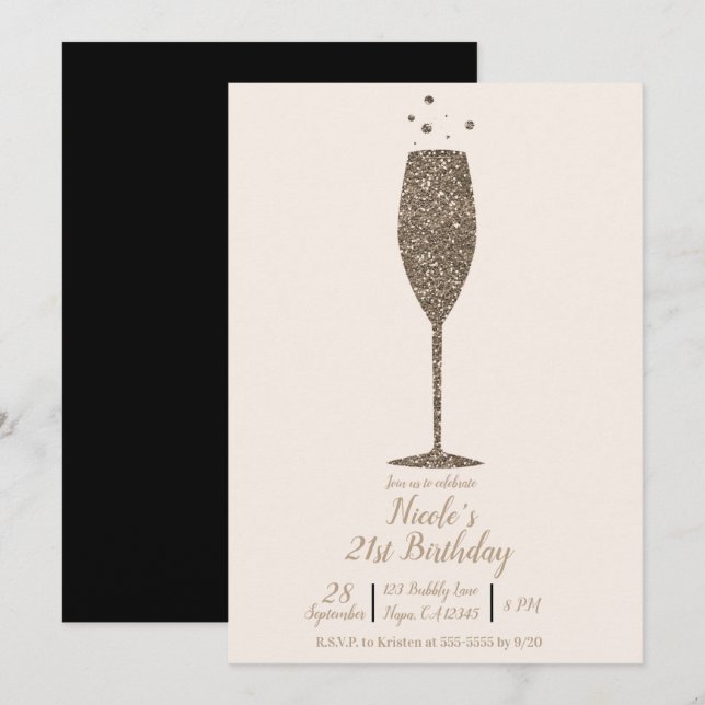 Champagne Bubbly Chic Glam Gold Birthday Party Invitation (Front/Back)