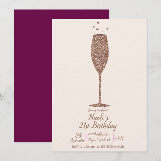 Champagne Bubbly Chic Rose Gold Birthday Party Invitation (Front/Back)
