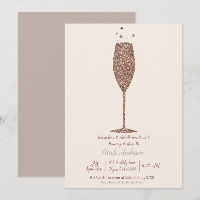 Champagne Bubbly Rose Gold Bridal Shower Brunch Invitation (Front/Back)