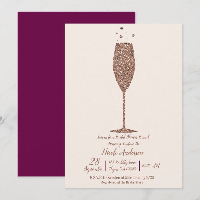 Champagne Bubbly Rose Gold Bridal Shower Brunch Invitation (Front/Back)