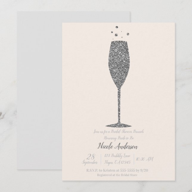 Champagne Bubbly Silver Bridal Shower Brunch Invitation (Front/Back)