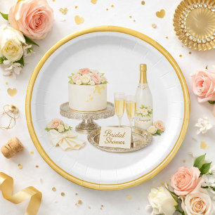 Champagne Cake Gold Rim Bridal Shower Paper Plate