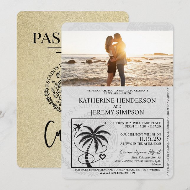 Champagne Cancun Passport Wedding Invitation (Front/Back)