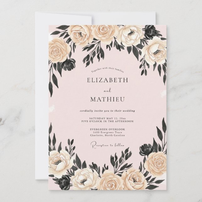 Champagne Charcoal Peony Wedding Invitation (Front)