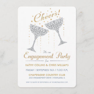 Champagne Cheer Engagement Invitation Silver Gold