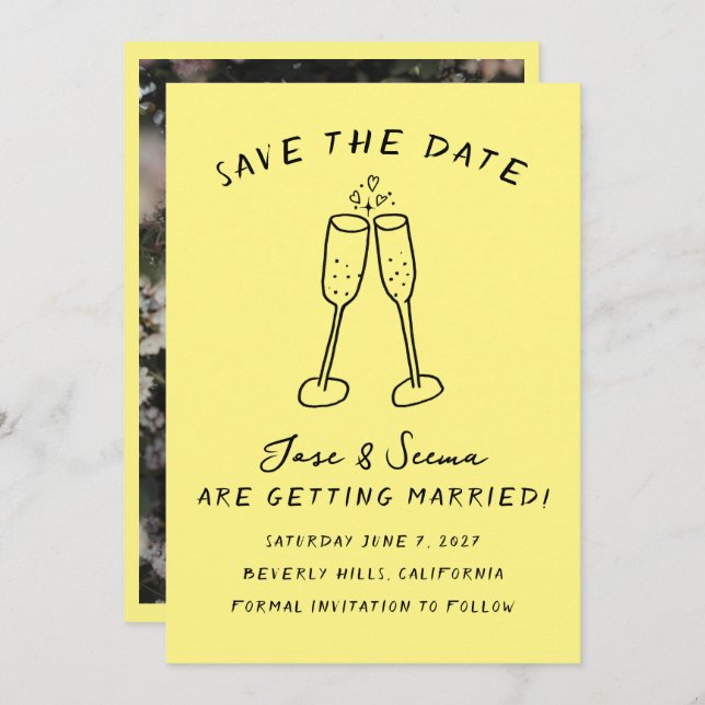 Champagne Cheers Hand Drawn Custom PHOTO Save The Date (Front/Back)