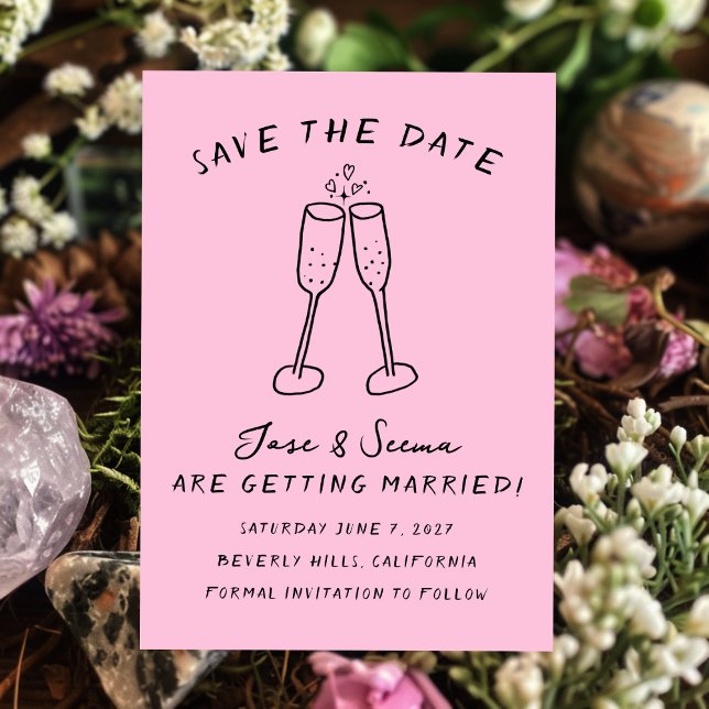 Champagne Cheers Hand Drawn Cute Custom  Save The Date (Champagne Cheers Hand Drawn Cute Custom Save The Date
)