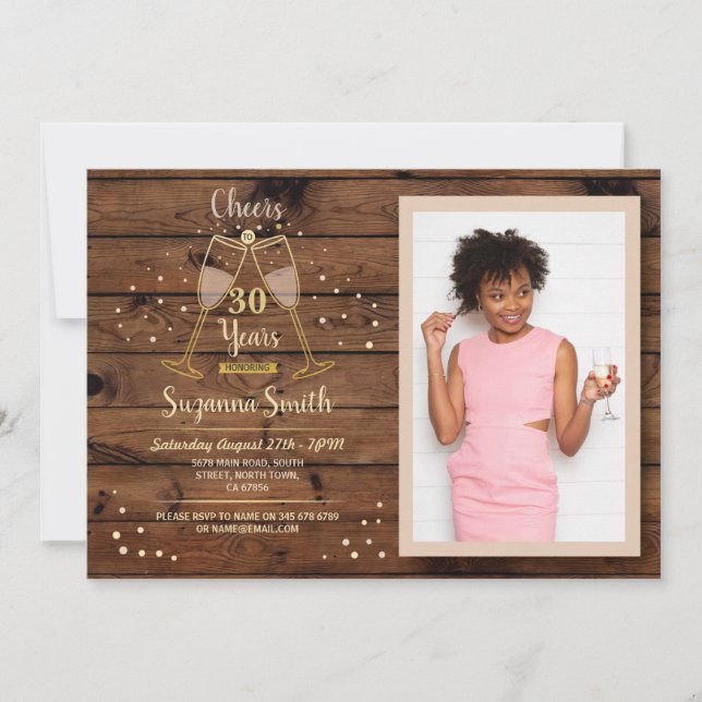 Champagne Cheers To 30 Years Birthday Wood Invitation (Front)