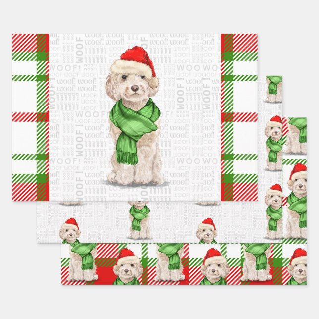 Champagne Cockapoo Christmas Dog and Plaid Wrapping Paper Sheet (Set)