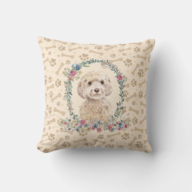 Champagne Cockapoo Dog Paw Print & Floral Cute Cushion (Front)