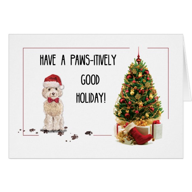 Champagne Cockapoo Funny Christmas Dog with Tree (Front Horizontal)