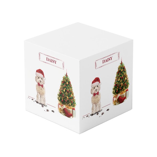 Champagne Cockapoo Funny Christmas Dog with Tree Cube (Front Angled)