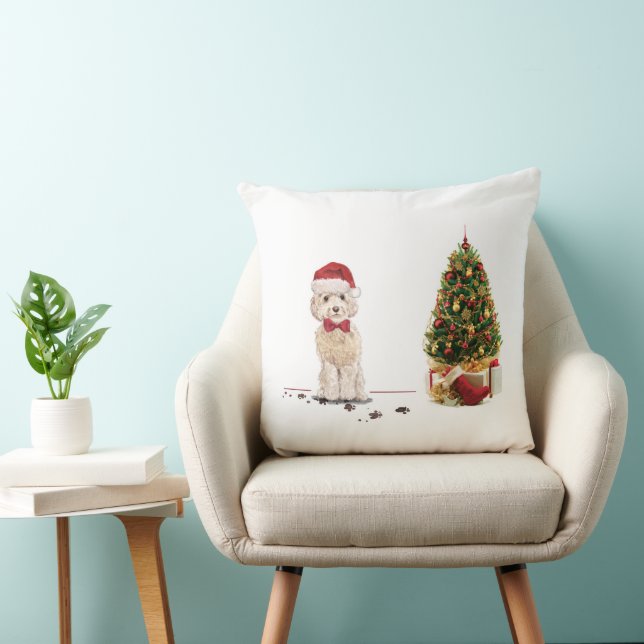 Champagne Cockapoo Funny Christmas Dog with Tree Cushion (Chair)