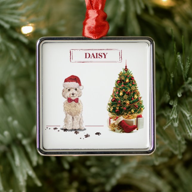 Champagne Cockapoo Funny Christmas Dog with Tree Metal Tree Decoration (Tree)