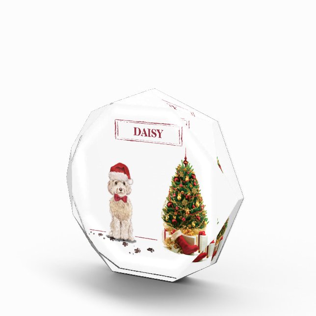 Champagne Cockapoo Funny Christmas Dog with Tree Photo Block (Right)
