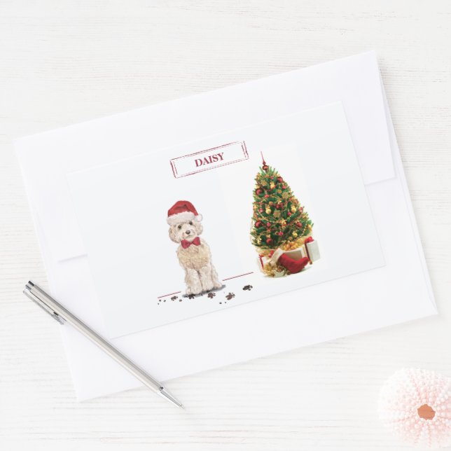 Champagne Cockapoo Funny Christmas Dog with Tree Rectangular Sticker (Envelope)