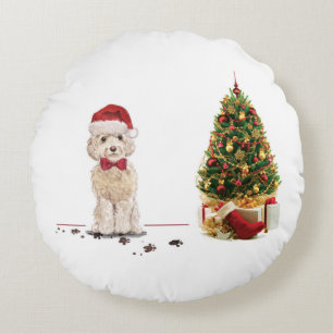 Champagne Cockapoo Funny Christmas Dog with Tree Round Cushion