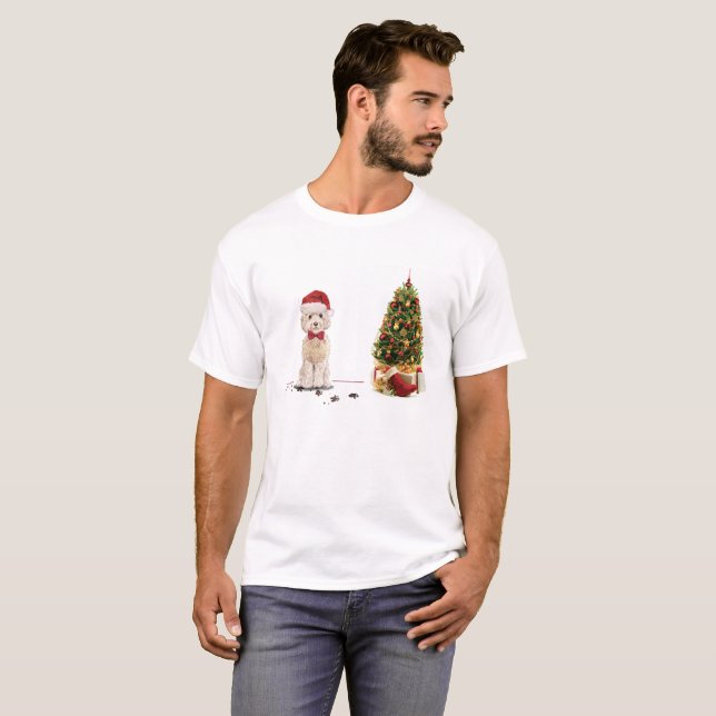 Champagne Cockapoo Funny Christmas Dog with Tree T-Shirt (Front Full)