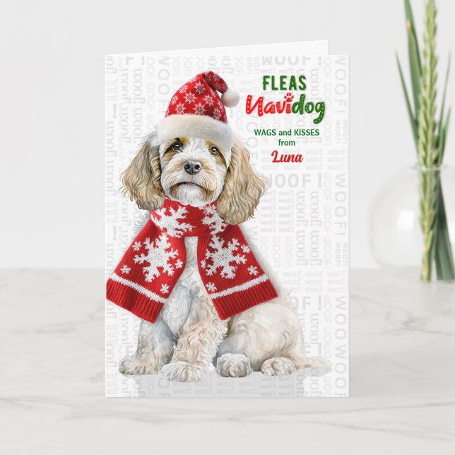 Champagne Cockapoo Funny Fleas Navidog with Name Holiday Card (Front)