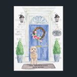 champagne cockapoo Moving Announcement Postcard<br><div class="desc">Announce your new address with our stylish announcement featuring a champagne cockapoo,  blue front door,  welcome mat,  slate sign,  topiaries and a floral wreath set on a grey brick background.</div>