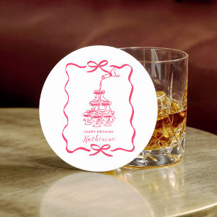 Champagne Cocktail Pink Hand Drawn Birthday Party Round Paper Coaster