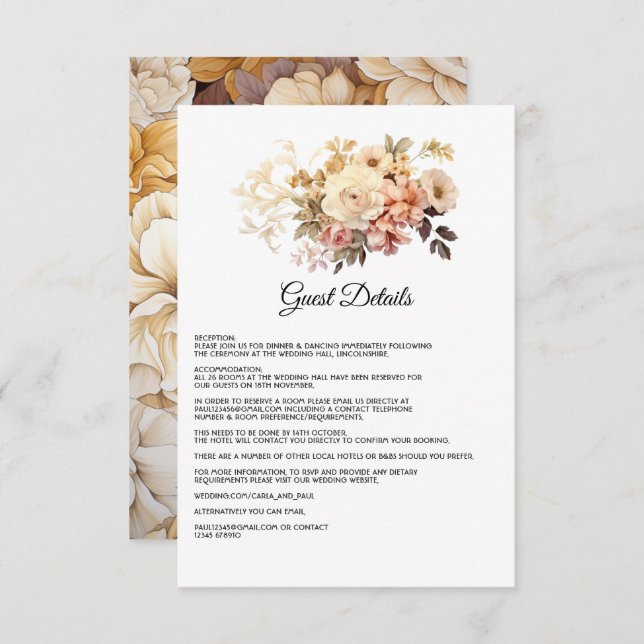 Champagne Coloured Floral Wedding Guest Details Enclosure Card (Front/Back)